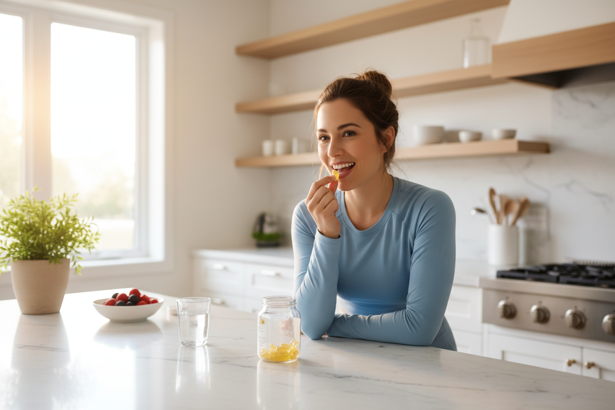 Mujer tomando gomitas de vitamina E