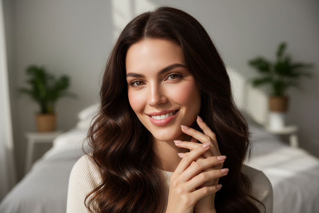 Mujer con piel radiante y cabello saludable