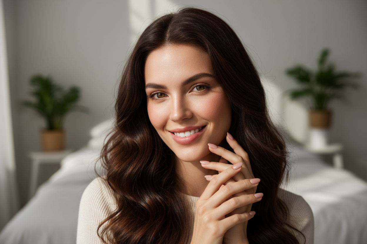 Mujer con piel radiante y cabello saludable