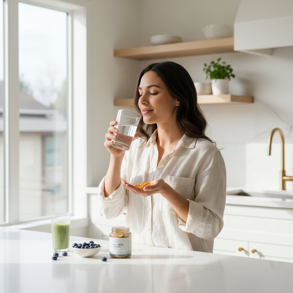 Mujer tomando suplemento natural